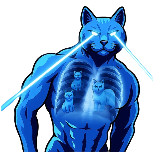 Glowing blue cat with laser eyes